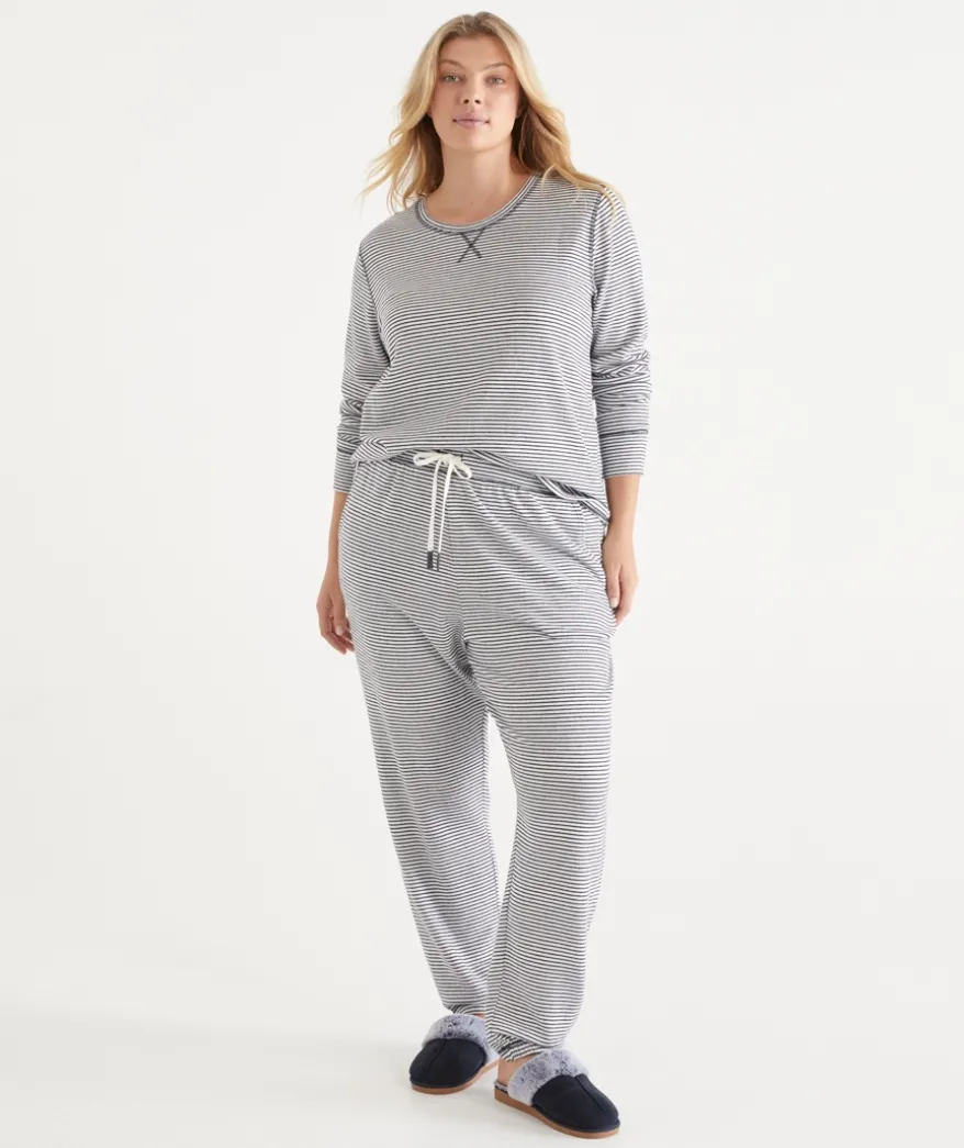 Brushed Stripe Tapered Pyjama Pant - Navy