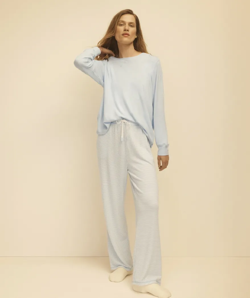 Brushed Wide Leg Stripe Pyjama Pant - Blue
