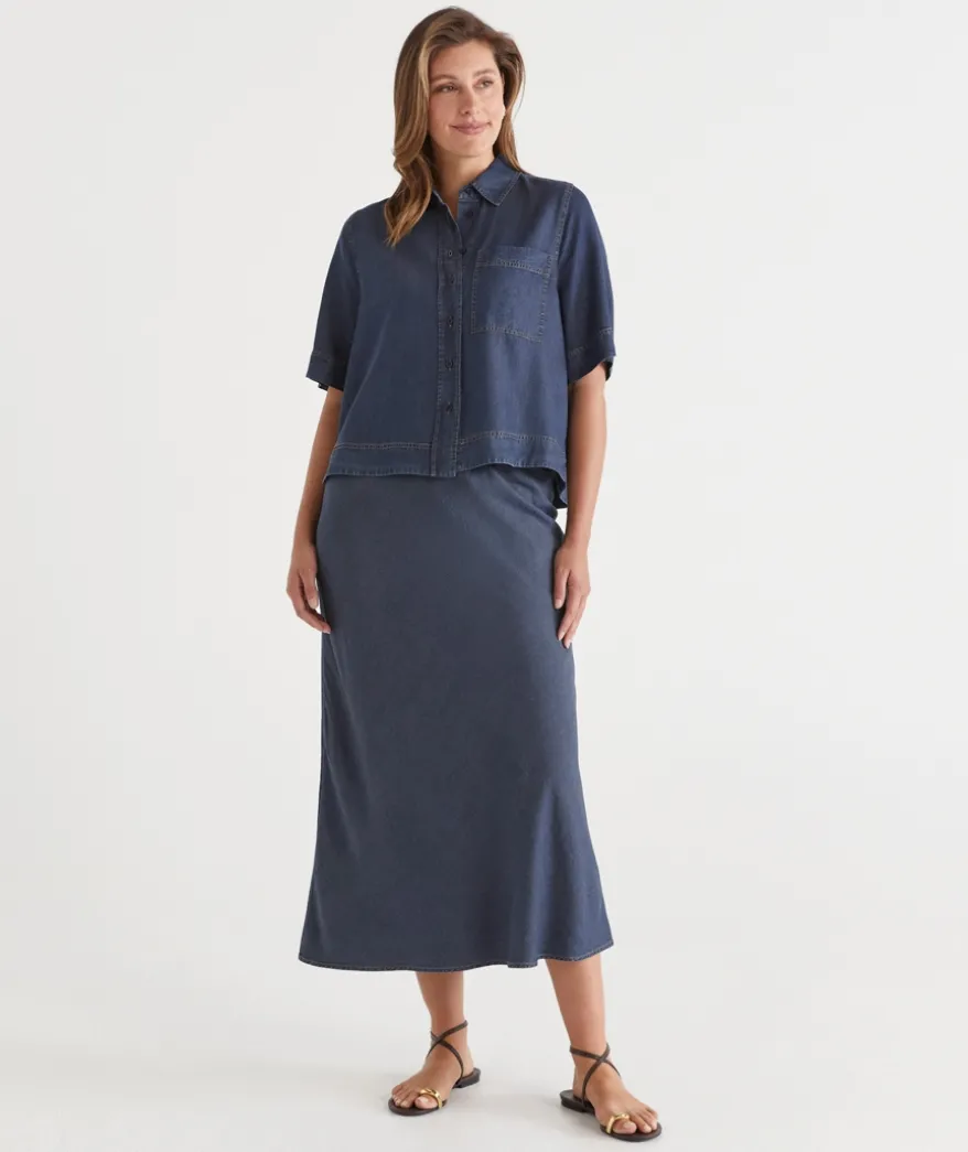 Chambray Drawstring Midi Skirt