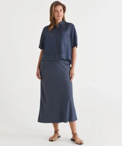 Chambray Drawstring Midi Skirt