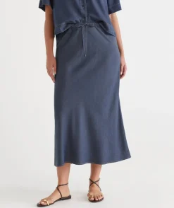 Chambray Drawstring Midi Skirt