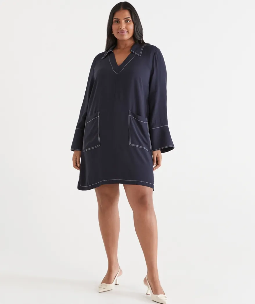 Contrast Stitch Collared Popover Dress