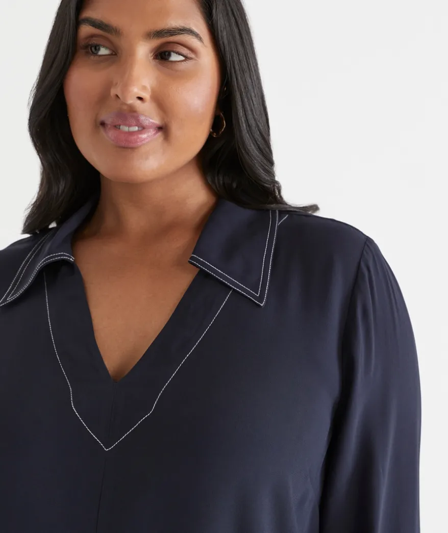 Contrast Stitch Collared Popover Dress