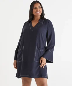 Contrast Stitch Collared Popover Dress