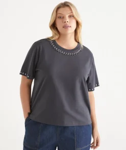 Embellished Short Sleeve Tee - Slate
