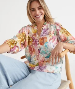 Floral Brights Trim Neck 3/4 Sleeve Linen Top