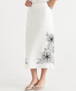 Floral Embroidered Column Skirt - White