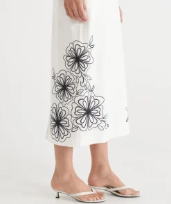 Floral Embroidered Column Skirt - White