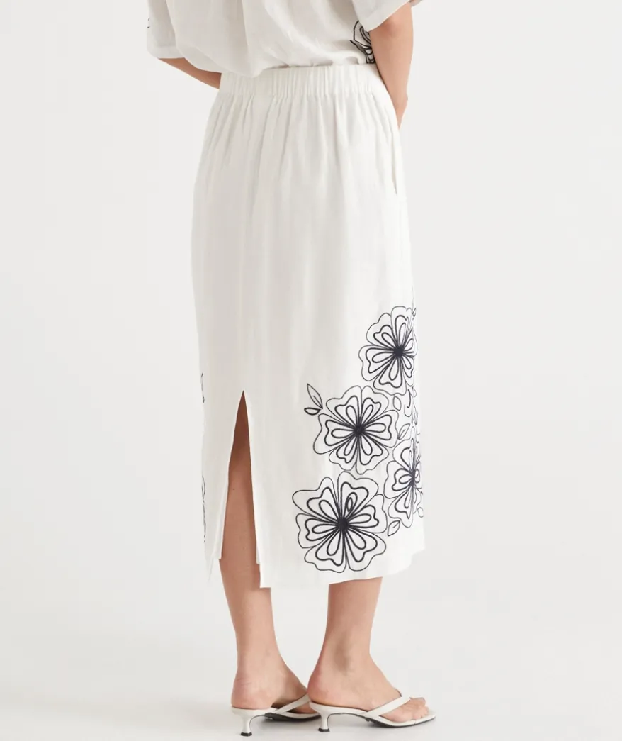 Floral Embroidered Column Skirt - White
