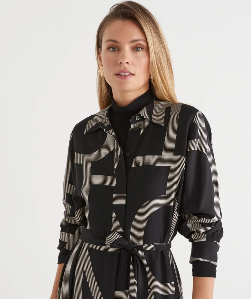 Geometric Print Popover Midi Dress - Black