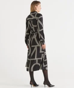 Geometric Print Popover Midi Dress - Black