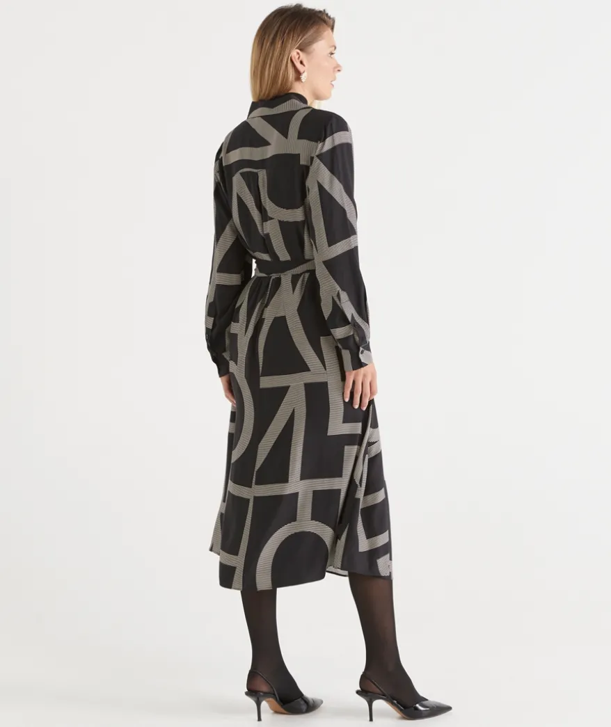 Geometric Print Popover Midi Dress - Black
