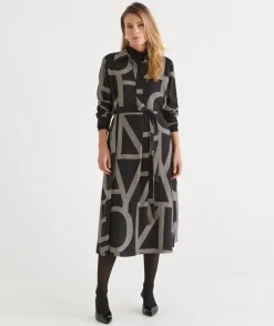Geometric Print Popover Midi Dress - Black