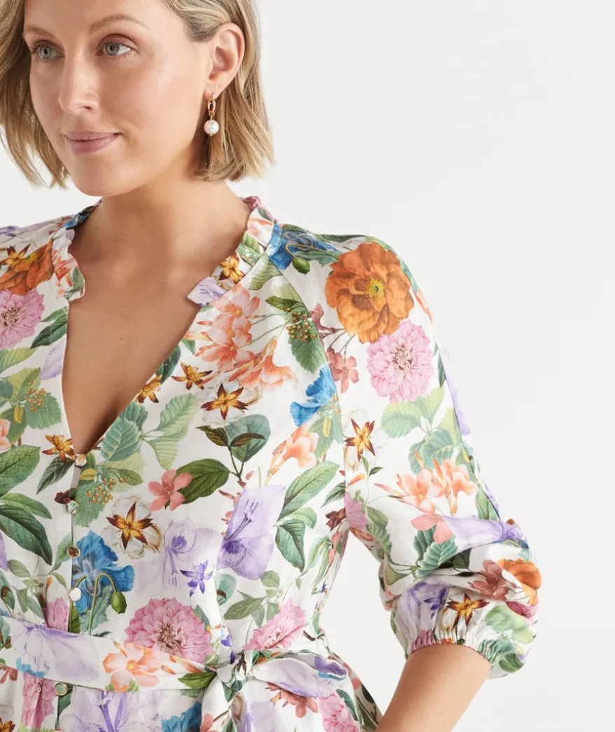 Linen Floral Botanical Long Sleeve Dress