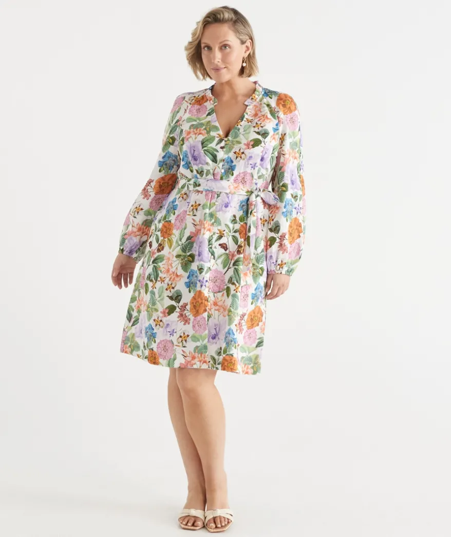 Linen Floral Botanical Long Sleeve Dress