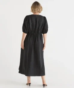 Linen Stitch Detail Short Sleeve Midi Dress