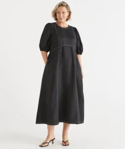 Linen Stitch Detail Short Sleeve Midi Dress