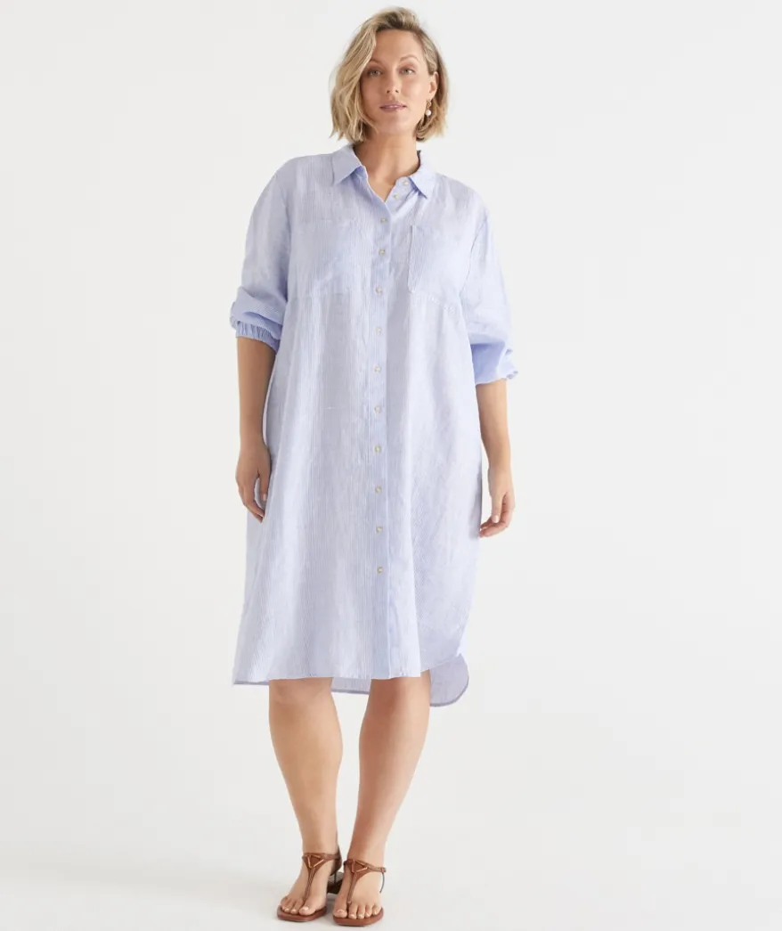Linen Stripe Midi Shirt Dress