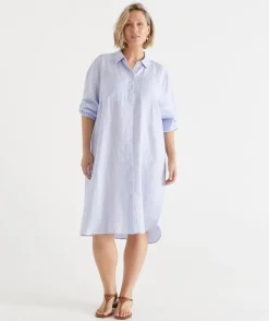 Linen Stripe Midi Shirt Dress