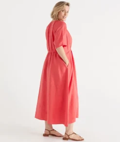 Linen V Neck Shirred Short Sleeve Midi Dress