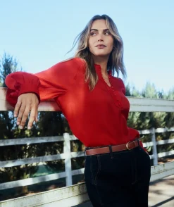 Long Sleeve Button Detail Blouse - Red