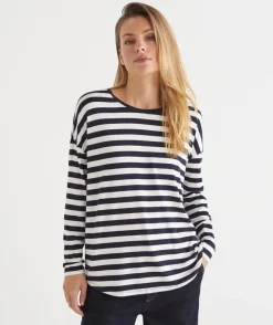 Long Sleeve Stripe Pleat Back Top - Ink