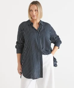Longline Curved Hem Stripe Shirt