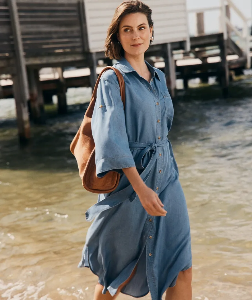 Lyocell Short Sleeve Midi Shirt Dress