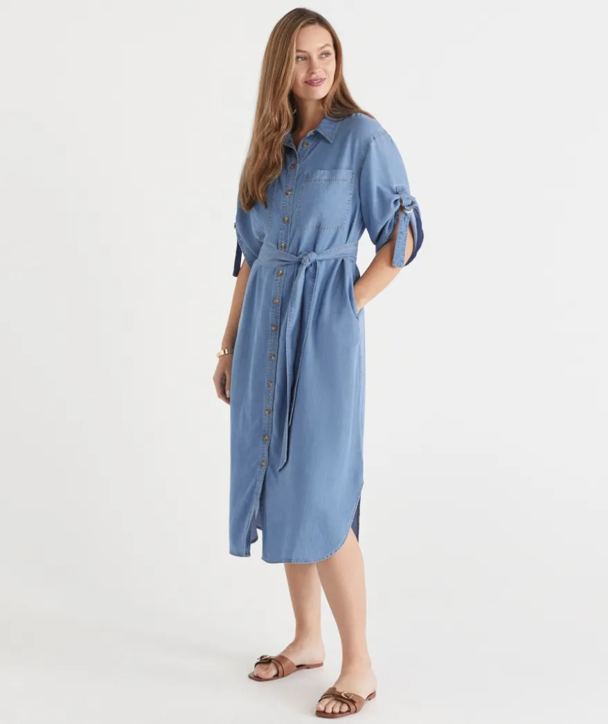 Lyocell Short Sleeve Midi Shirt Dress