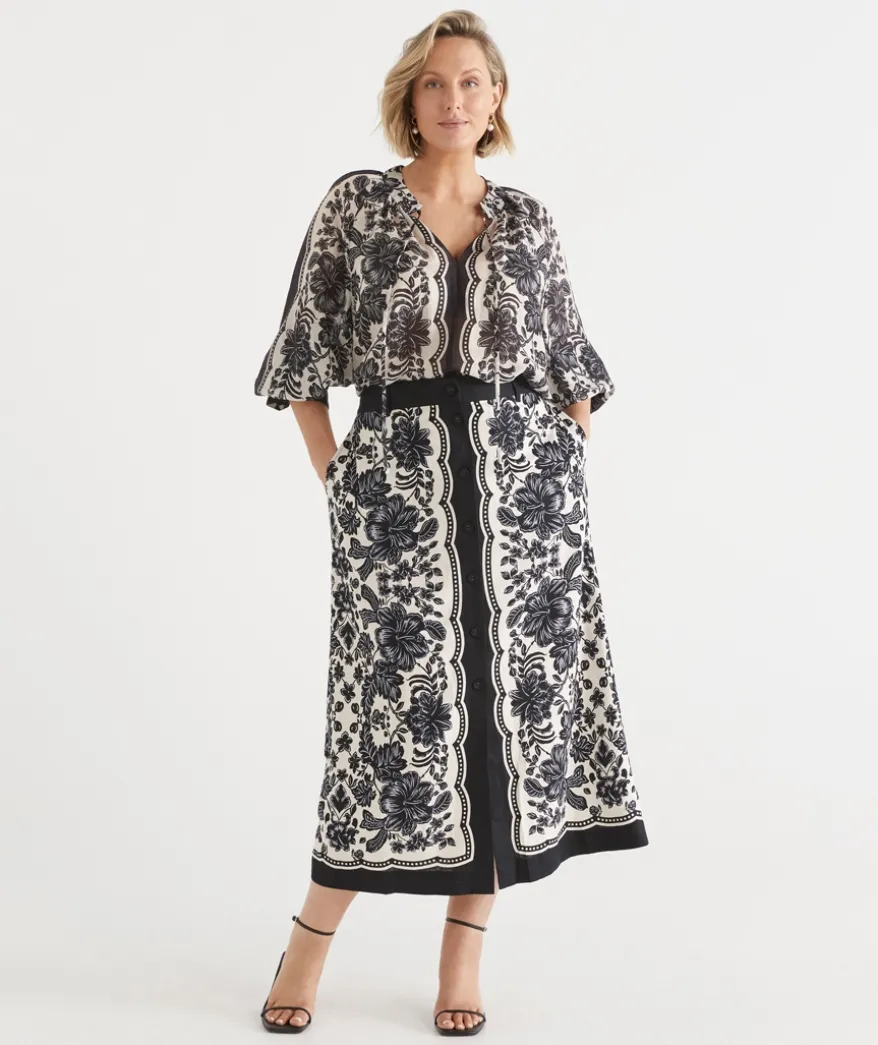 Noir Bloom Button Midi Skirt