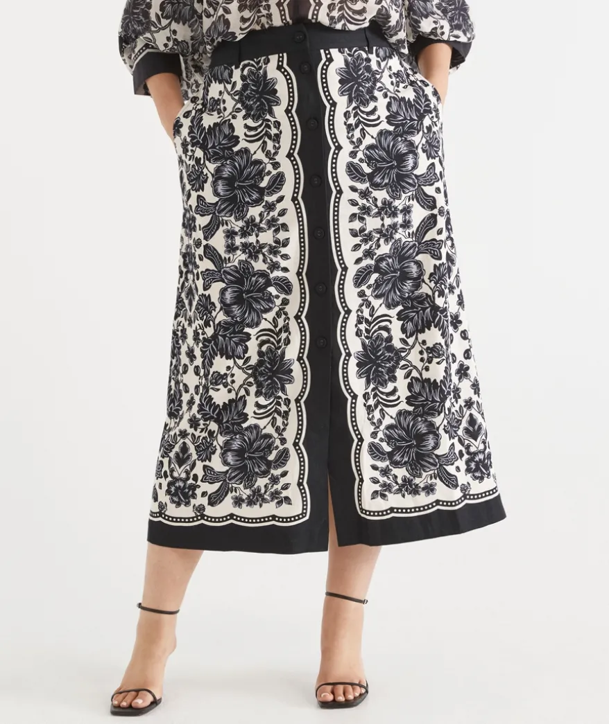 Noir Bloom Button Midi Skirt