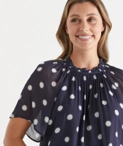 Polka Dot Gathered Neck Blouse