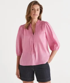 Shirred Shoulder 3/4 Sleeve Top