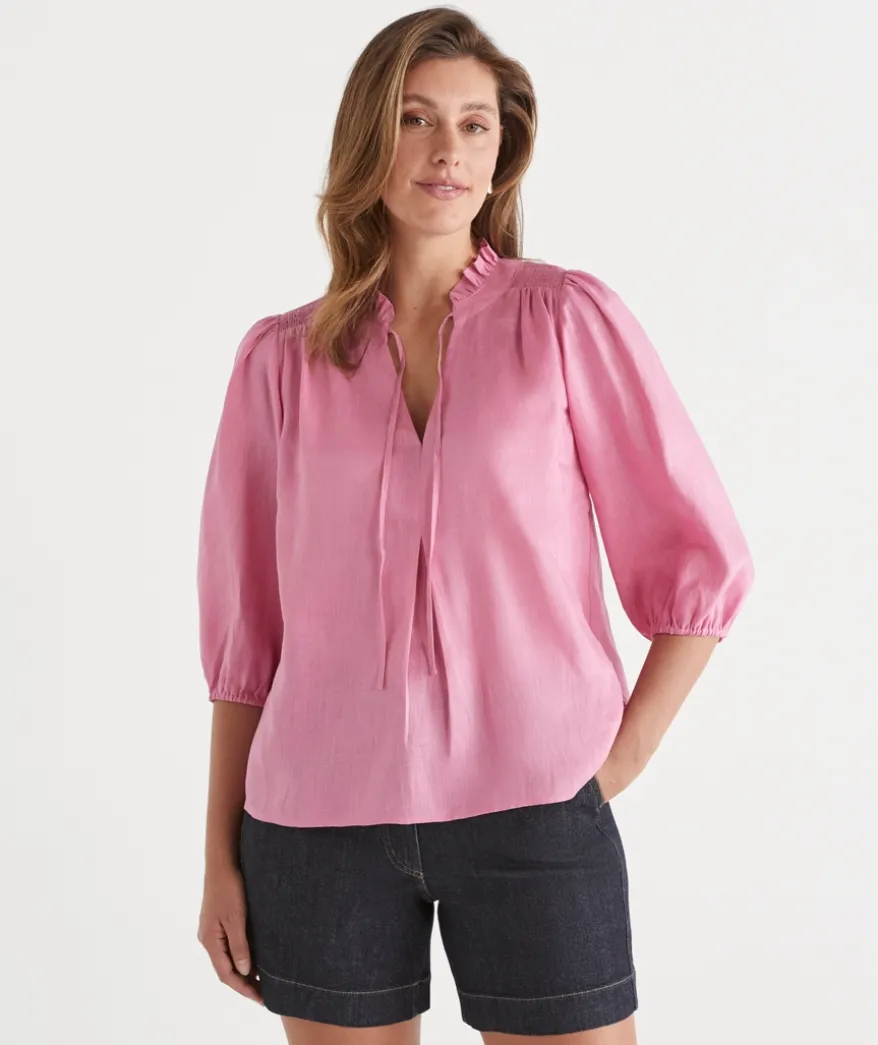 Shirred Shoulder 3/4 Sleeve Top
