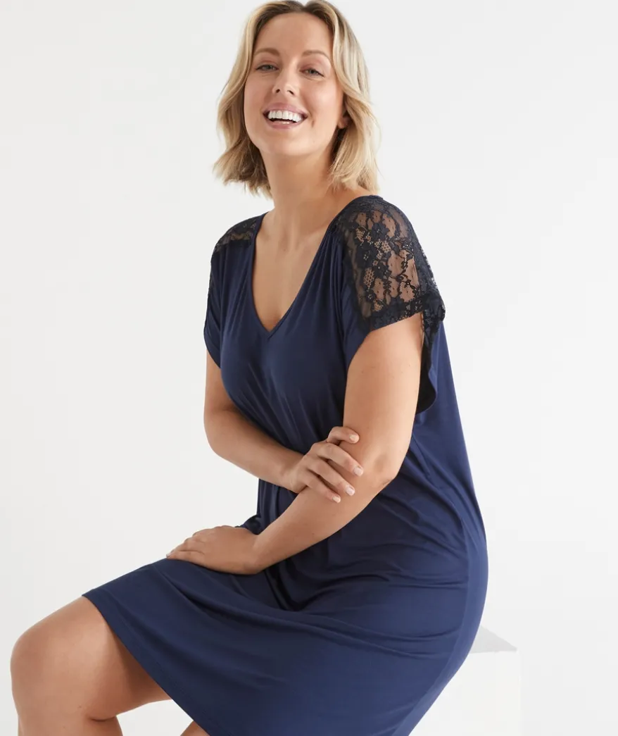 Short Sleeve Navy Lace Nightie