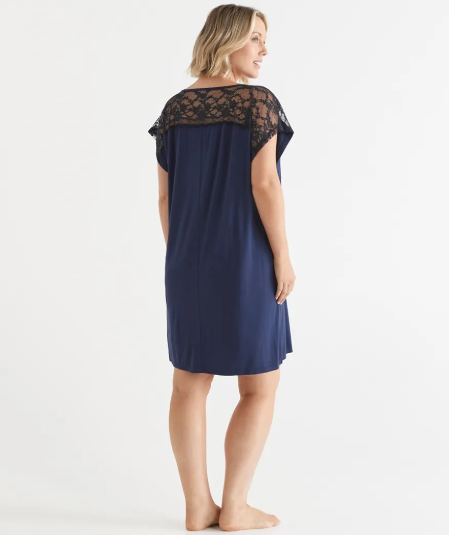 Short Sleeve Navy Lace Nightie