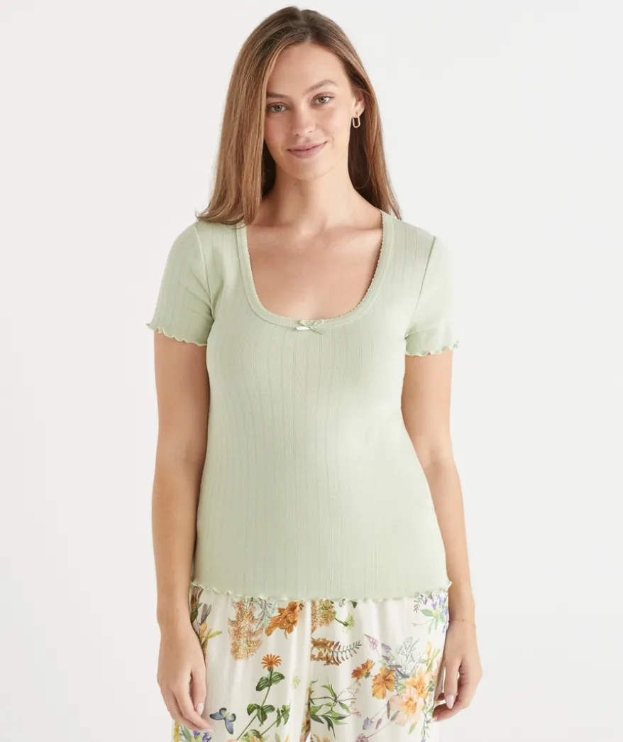 Short Sleeve Pointelle Pyjama Tee - Green