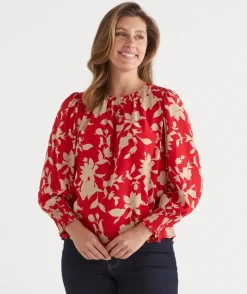 Silhouette Floral Print Long Sleeve Top - Red