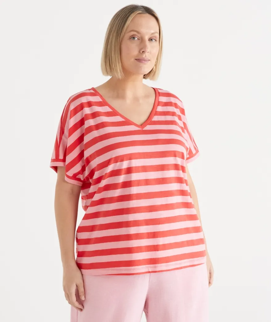 Slub Stripe Dolman V Neck T-Shirt - Pink