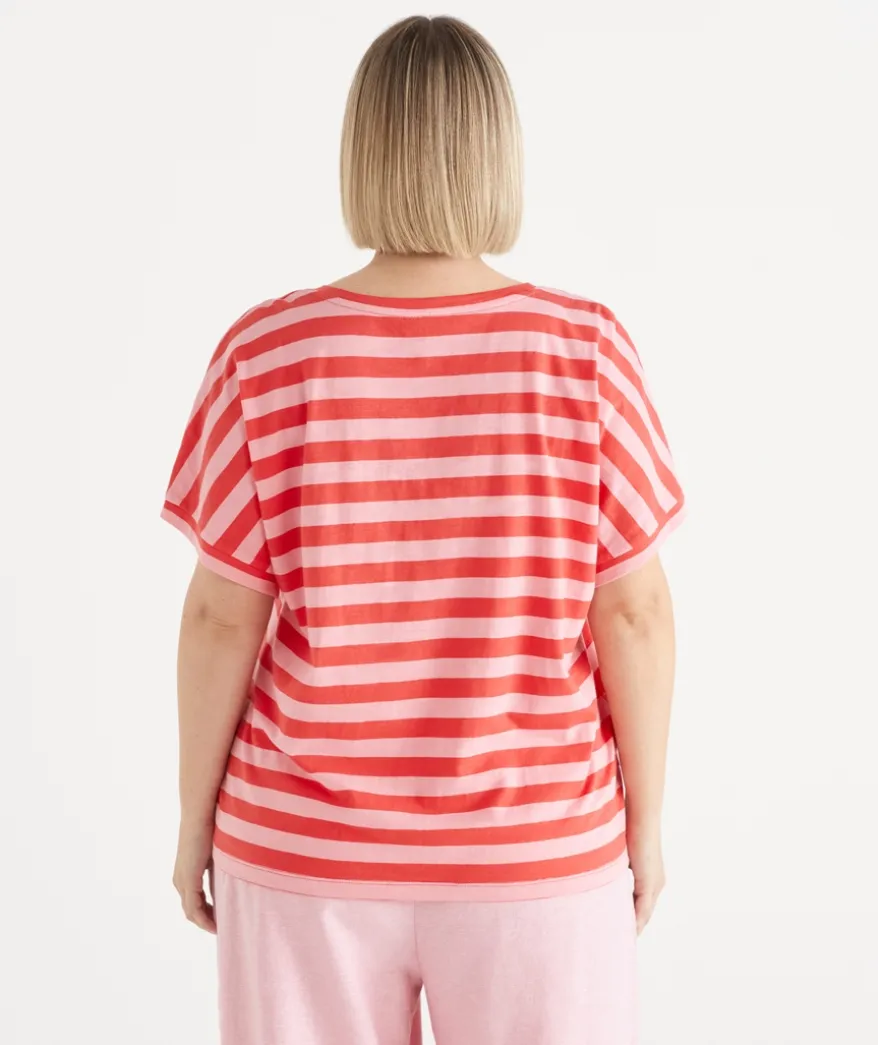 Slub Stripe Dolman V Neck T-Shirt - Pink