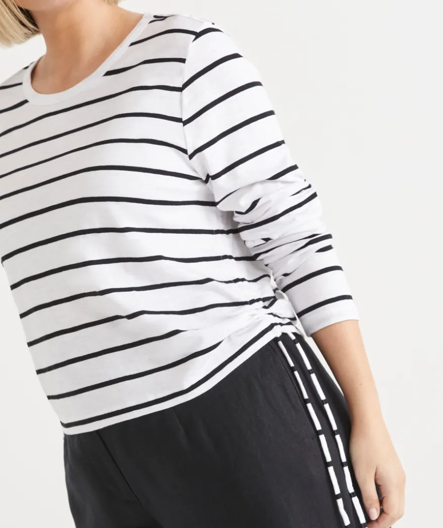 Slub Stripe Long Sleeve Ruched Top
