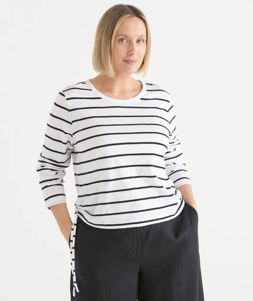 Slub Stripe Long Sleeve Ruched Top