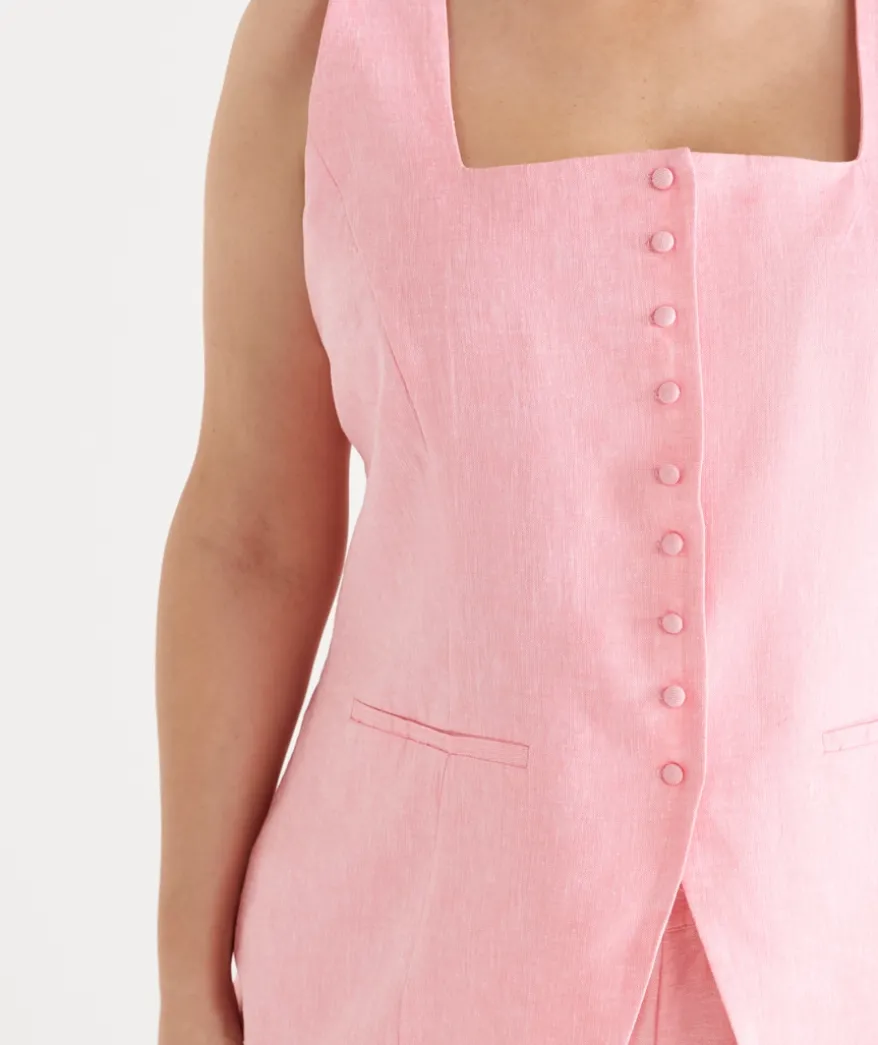 Square Neck Button Up Vest - Pink
