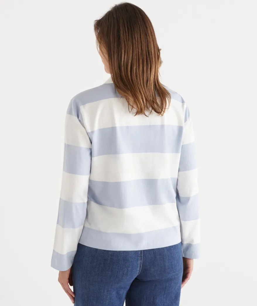 Stripe Long Sleeve Polo Rugby Top - Blue