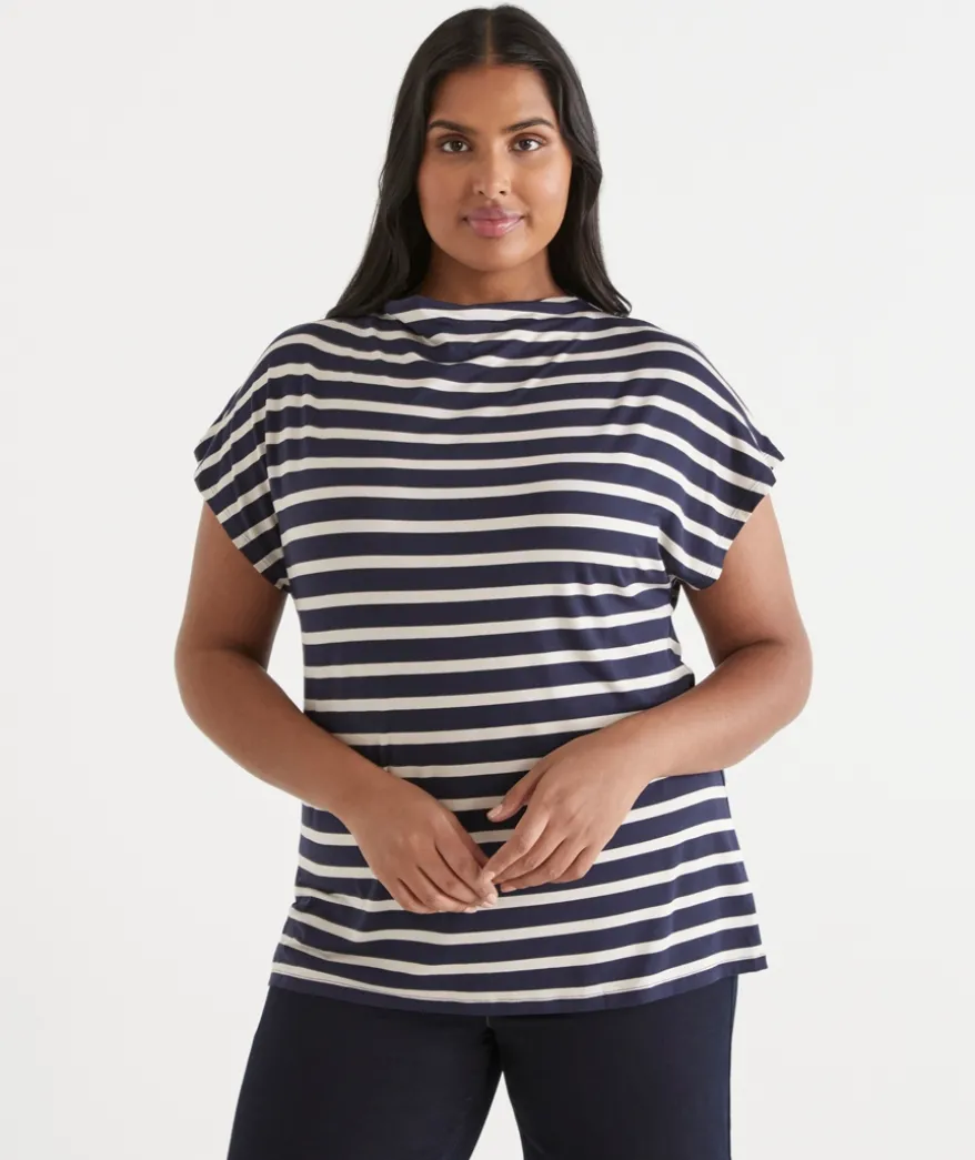 Stripe Mock Neck Short Sleeve Tee - Ink