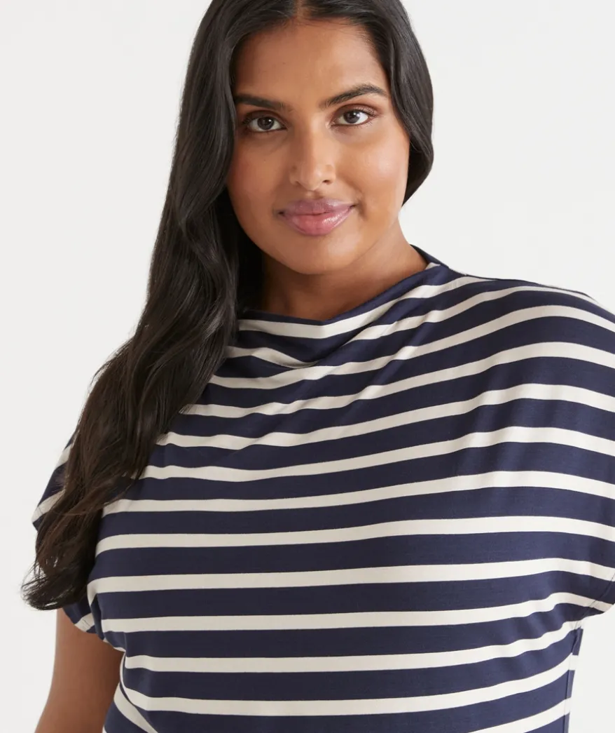 Stripe Mock Neck Short Sleeve Tee - Ink