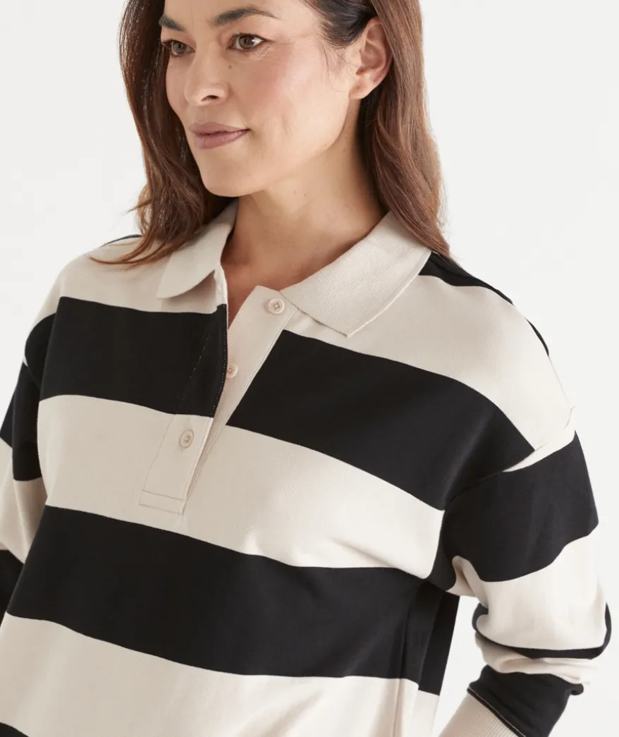 Stripe Rugby Button Jumper - Black/Natural