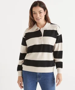 Stripe Rugby Button Jumper - Black/Natural