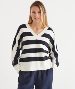 Stripe V Neck Jumper - Ink/White
