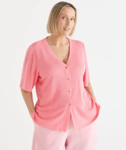 Textured Button Up Short Sleeve Top